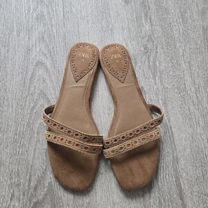 ​ZARA Tan Faux Suede Eyelet Laser Cut Strappy Flat Slides Sandals Size 39